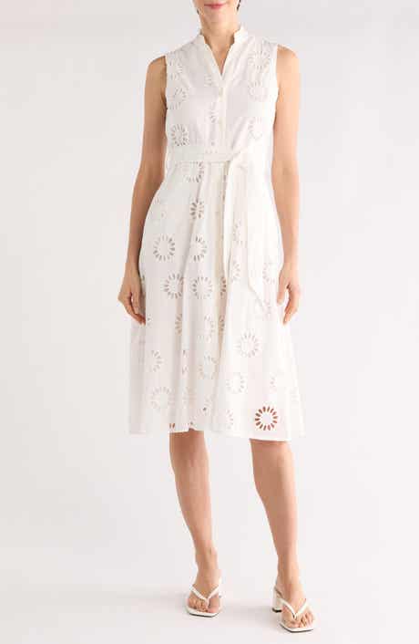 T Tahari Embroidered Eyelet Sleeveless Cotton Midi Dress