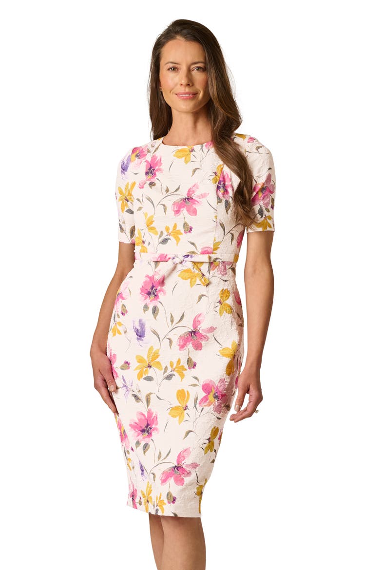 Floral Jacquard Bow Front Sheath Dress, Alternate, color, BLUSH MULTI
