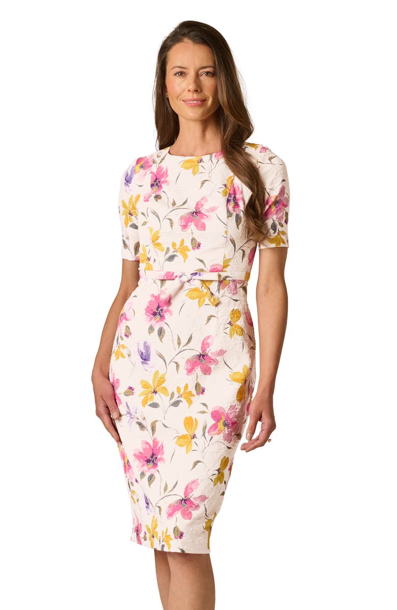 Adrianna Papell Floral Jacquard Bow Front Sheath Dress, Alternate, color, Blush Multi