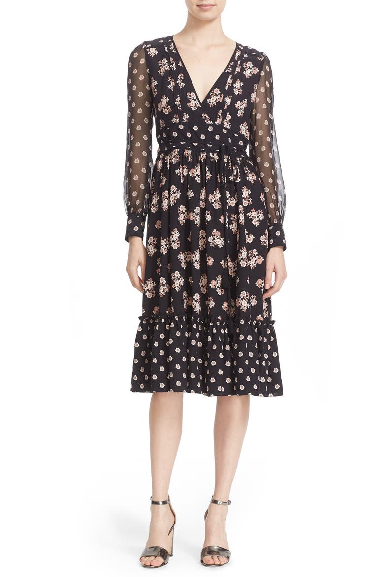 ditsy print silk midi dress, Main, color, BLACK