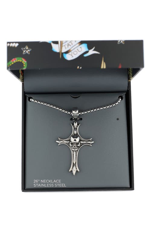 Ed Hardy Skull Cross Pendant Necklace In Metallic