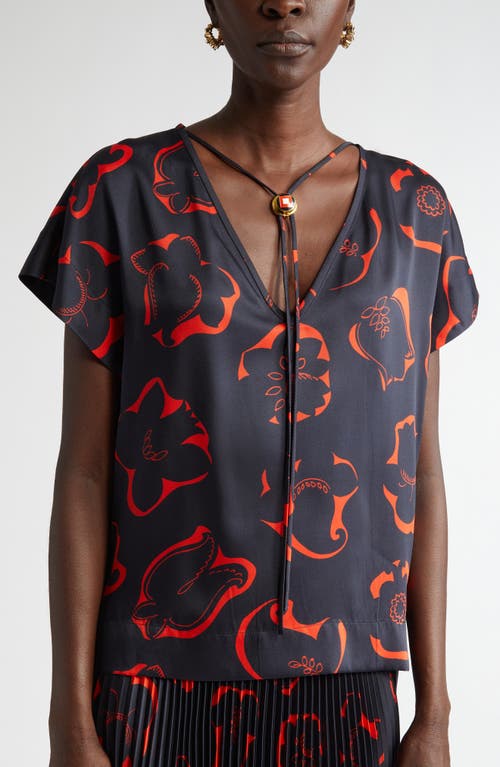 St John St. John Collection '50s Floral Print Bolo Tie Top In Midnight/geranium