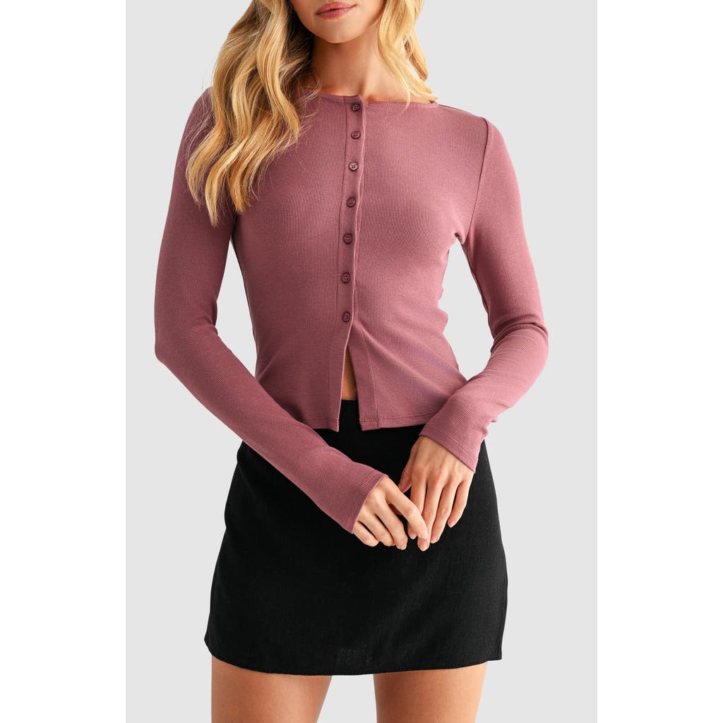Lush Long Sleeve Button Front Crop Top In Brown