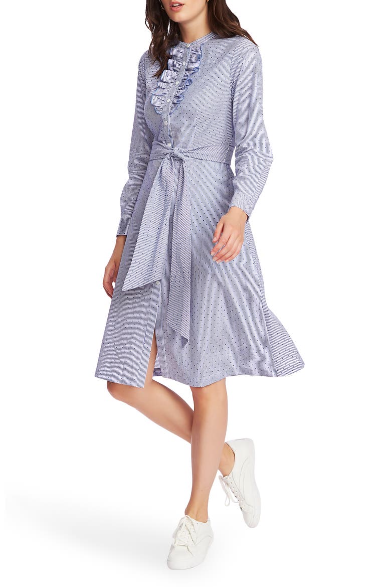 Ruffle Placket Flocked Dot Pinstripe Long Sleeve Cotton Shirtdress, Alternate, color, CHAMBRAY BLUE