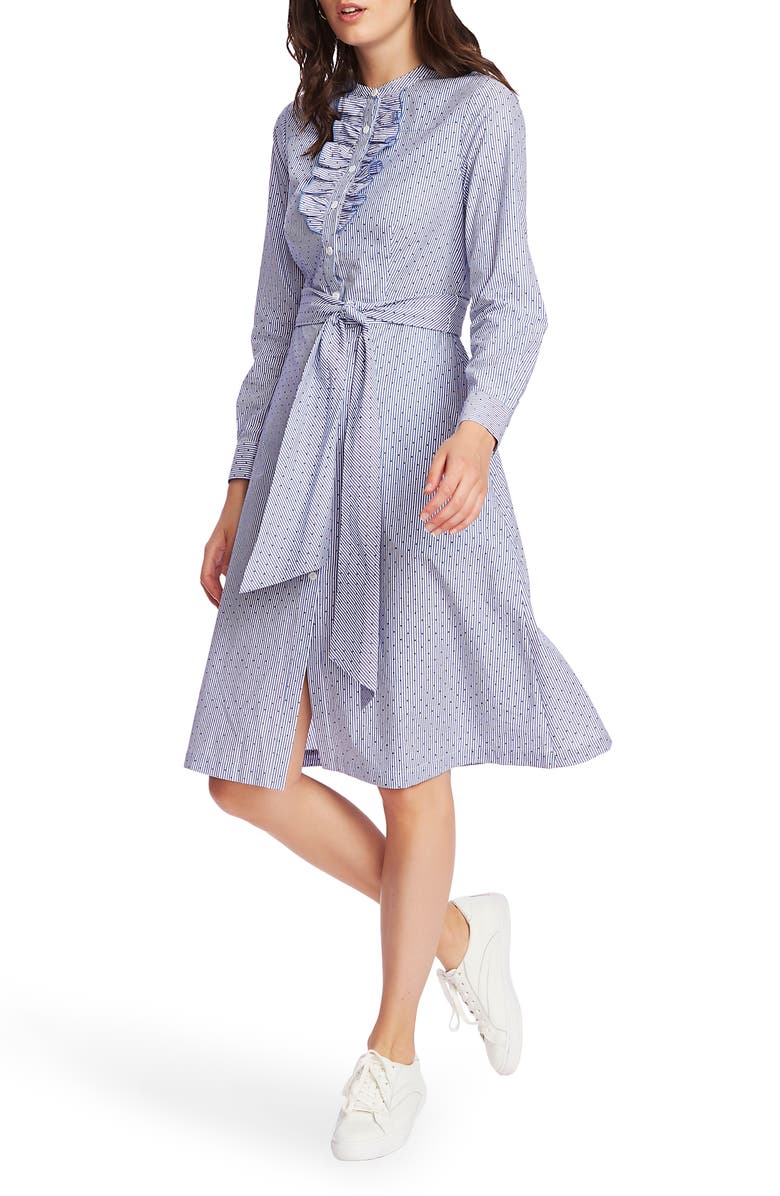 Court & Rowe Ruffle Placket Flocked Dot Pinstripe Long Sleeve Cotton Shirtdress, Alternate, color, 