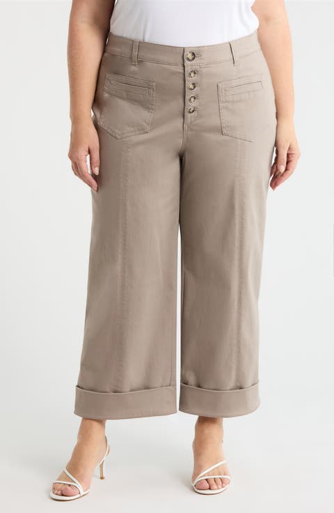 'Ab'Solution Skyrise Exposed Button Cuffed Wide Leg Twill Pants (Plus)