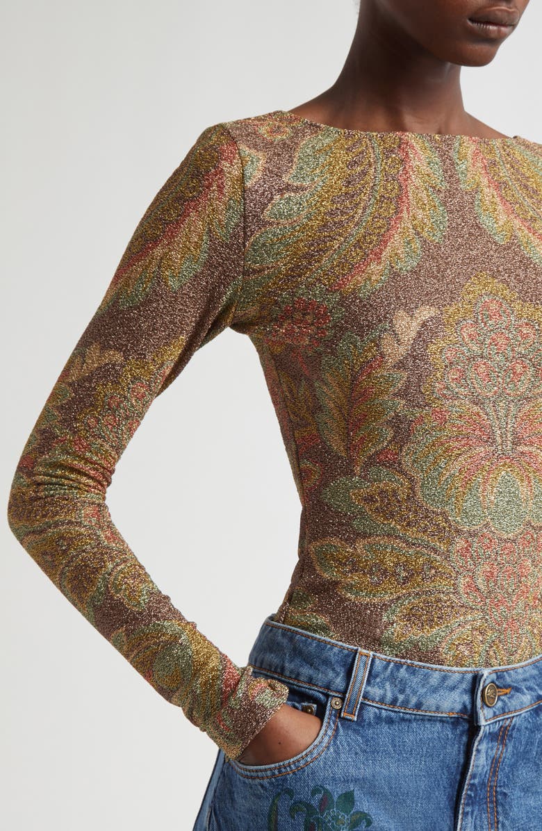 Etro Paisley Metallic Long Sleeve Top, Alternate, color, Print On Black Base