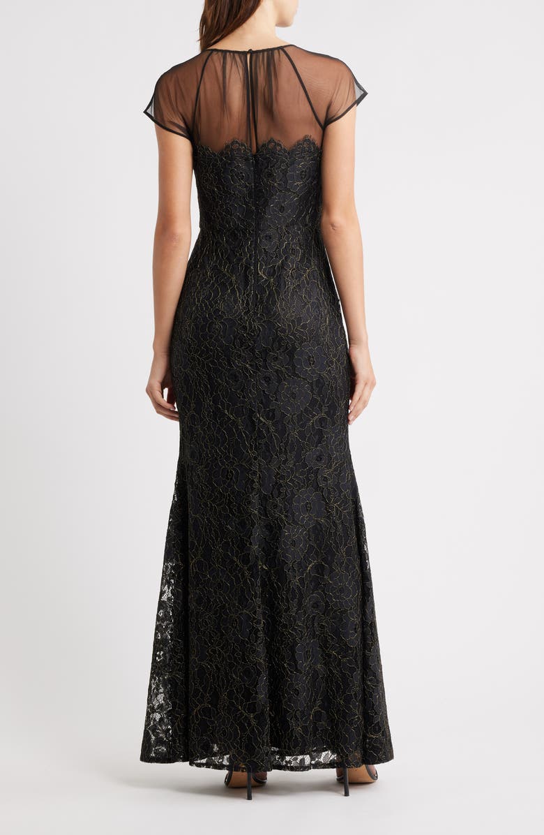 Eliza J Metallic Floral Embroidery Gown, Alternate, color, Black Gold