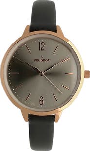 Peugeot Minimalist Large Round Skinny Leather Strap Watch- 38MM