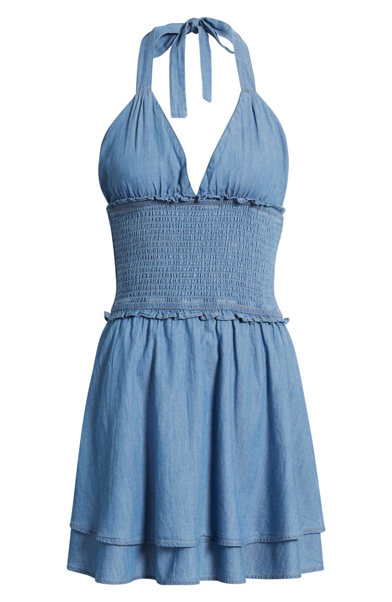 BP. Tie Neck Tiered Halter Denim Minidress, Alternate, color, Medium Wash