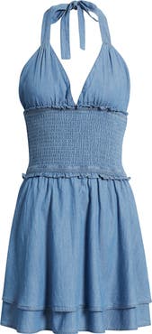 BP. Tie Neck Tiered Halter Denim Minidress