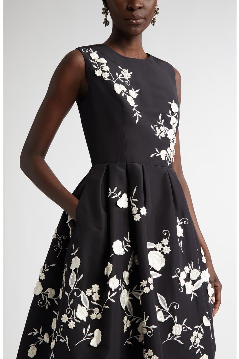Floral Embroidered Silk Faille Fit & Flare Dress, Alternate, color, BLACK/ WHITE