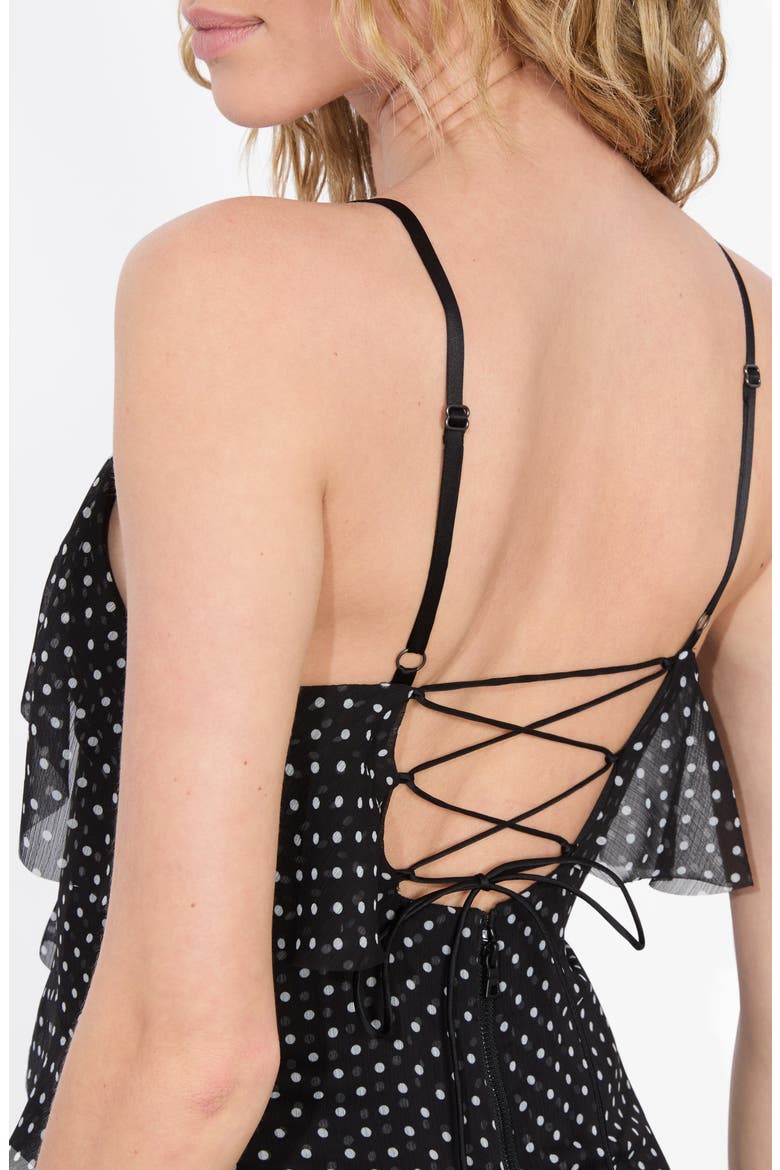 Laverne Lace Up Back Asymmetric Ruffle Maxi Dress, Alternate, color, TBD - BLACK WITH WHITE DOTS