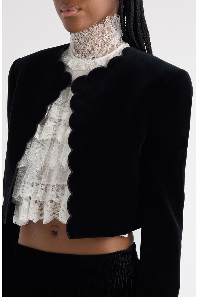 Scalloped Open Front Velveteen Crop Jacket, Alternate, color, BLACK