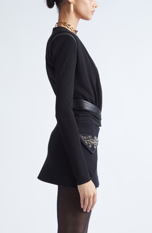 Versace Long Sleeve Jersey Faux Wrap Bodysuit In Black