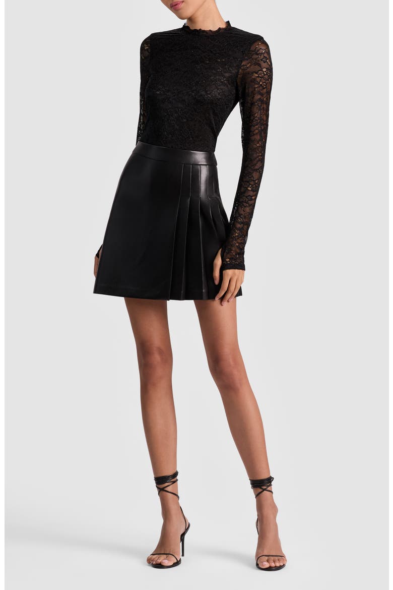 Chara Long Sleeve Lace & Faux Leather Mixed Media Minidress, Alternate, color, BLACK