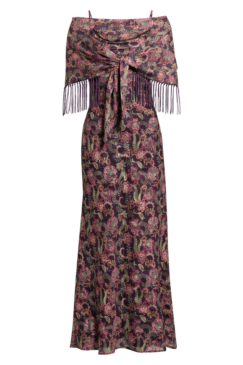 Printed Fringe Off the Shoulder Maxi Dress, Main, color, PLUM PAISLEY GARDEN