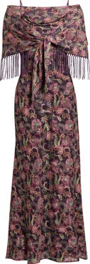 Avec Les Filles Printed Fringe Off the Shoulder Maxi Dress