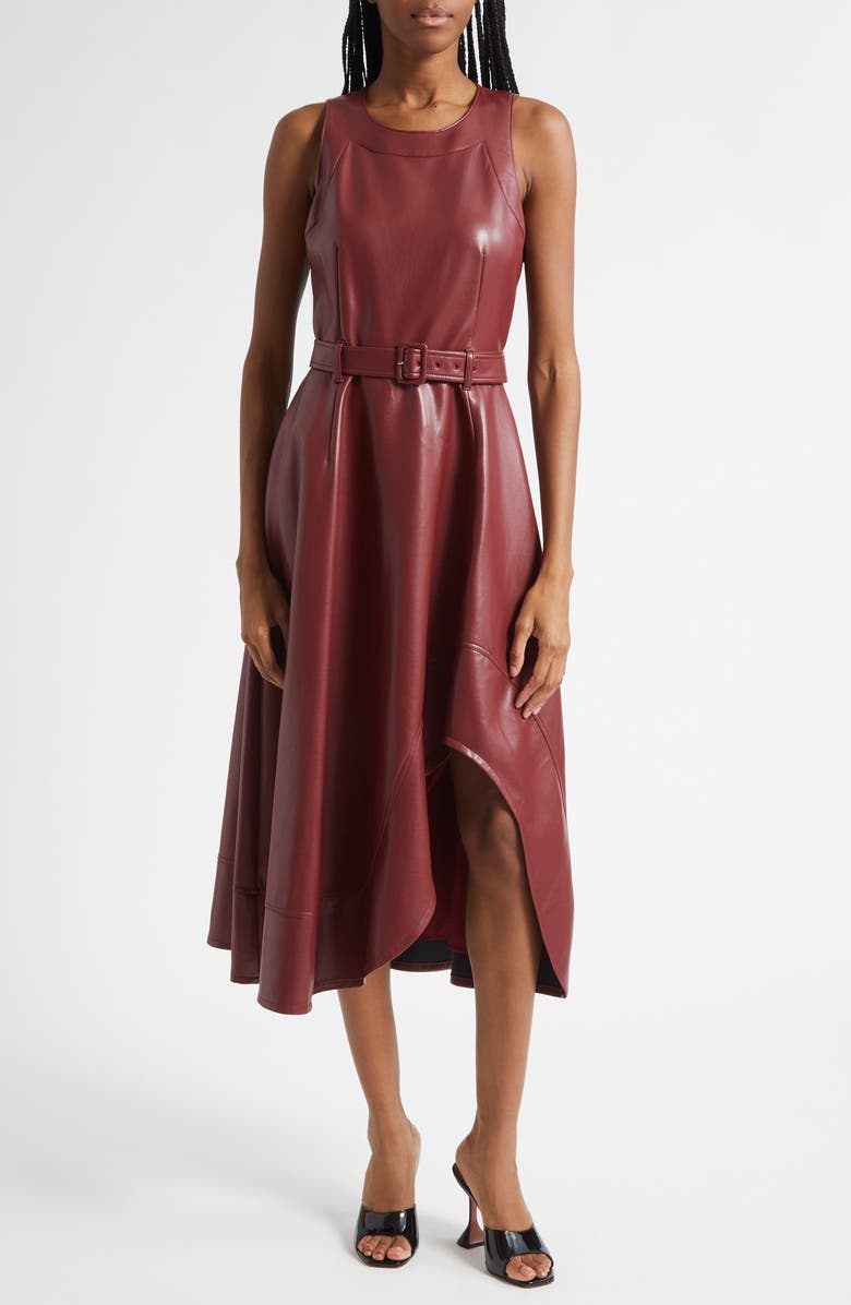 Cinq à Sept Zelda Faux Leather High Low Hem Dress, Main, color, Wineberry
