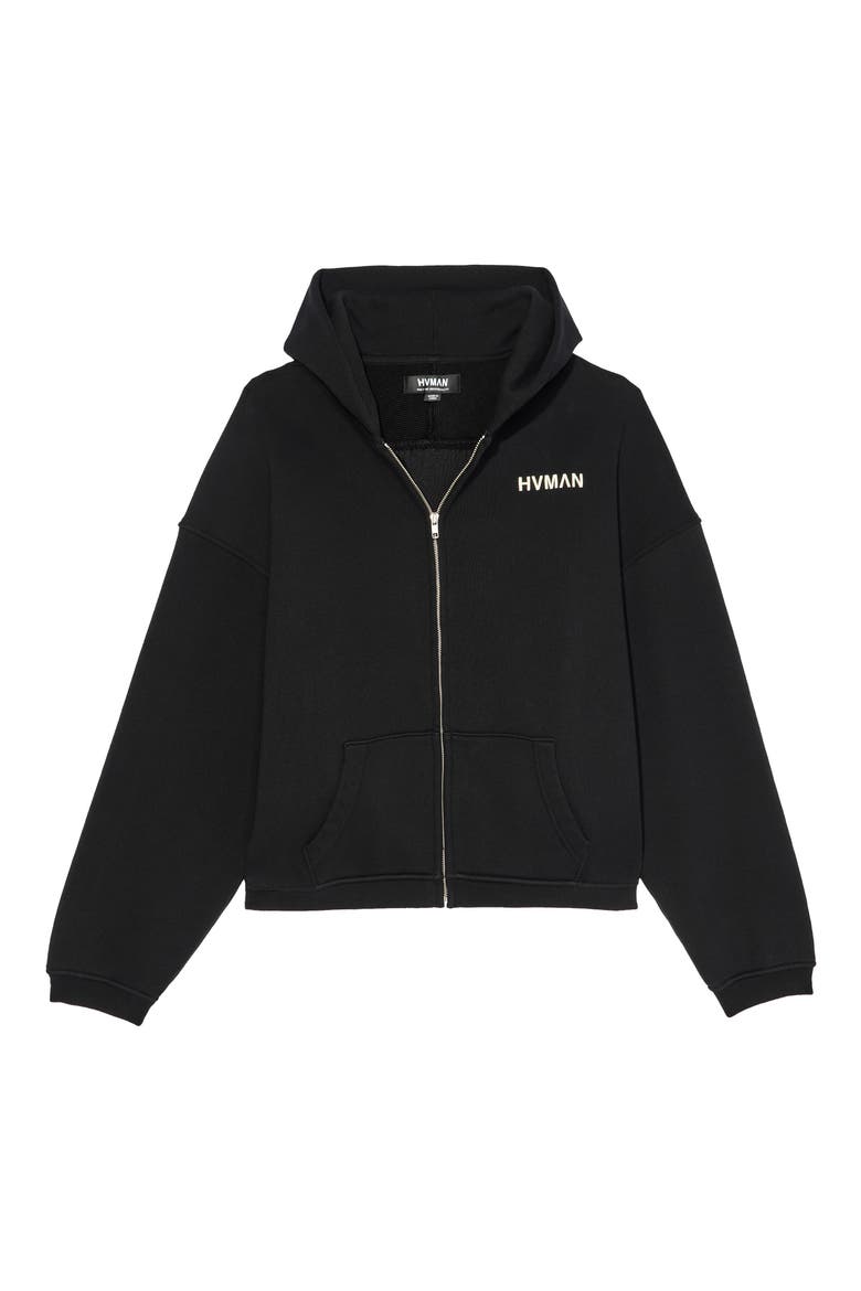 Imitation Pearl Embellished Zip-Up Graphic Hoodie, Alternate, color, BLACK