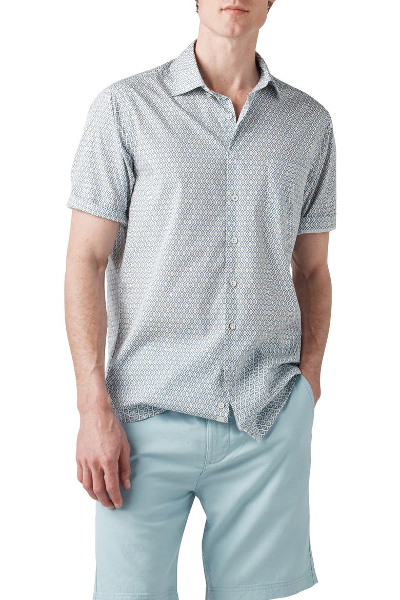 Carrick Geo Print Short Sleeve Button-Up Shirt, Main, color, SAND/ BLUE