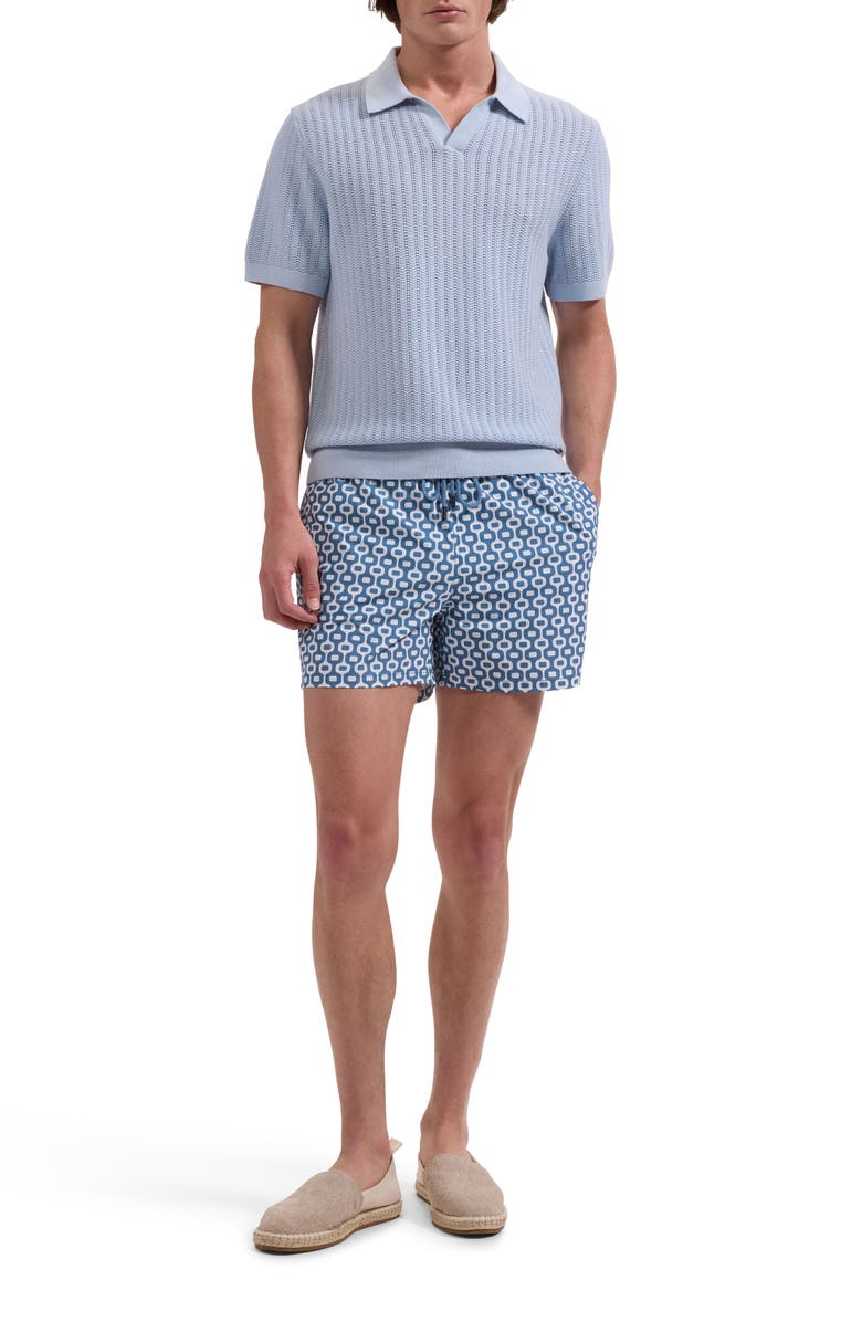 Bugatchi Cruz Print Swim Trunks, Alternate, color, Peacock