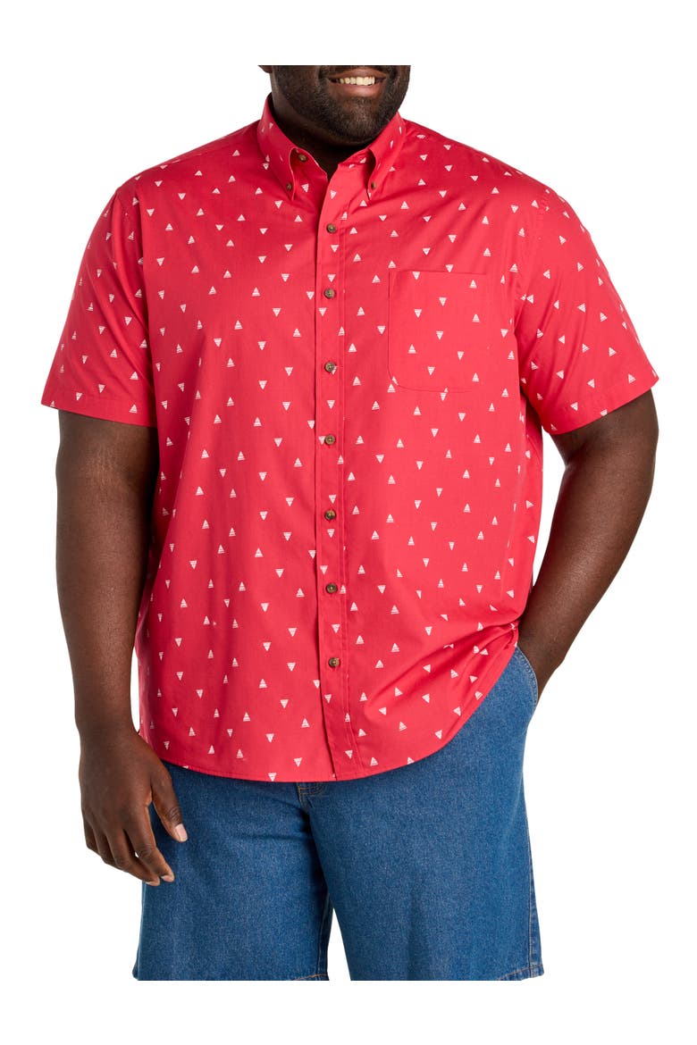 Big & Tall Easy-Care Geometric Sailboat Print Sport Shirt, Main, color, RED