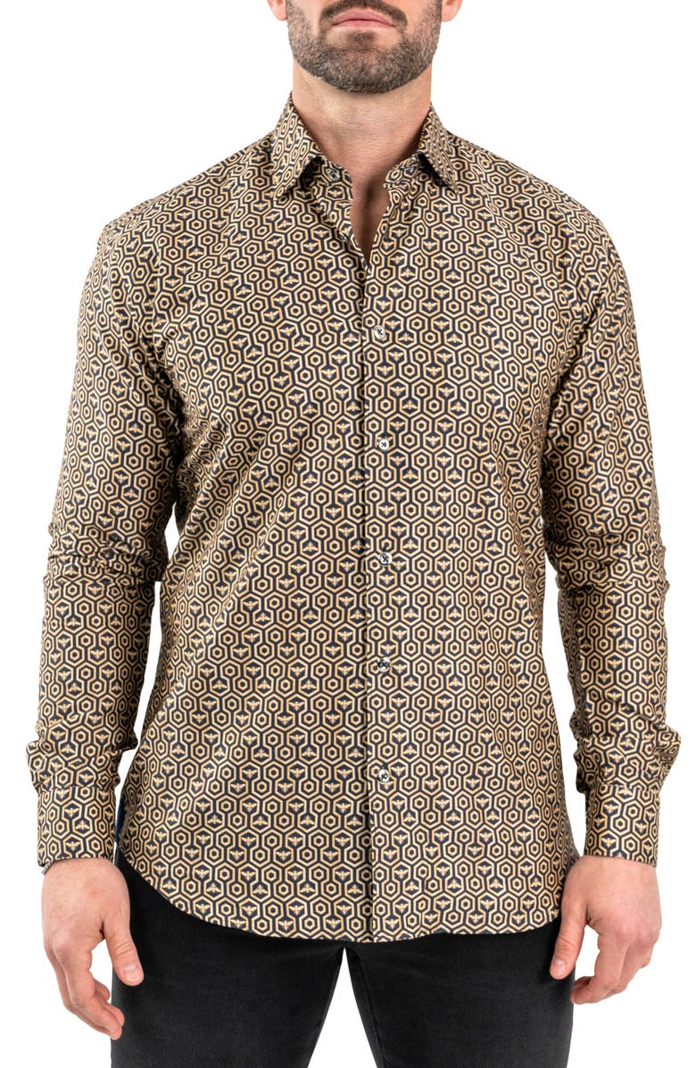 Maceoo Fibonacci Honeycomb Black Contemporary Fit Button-Up Shirt, Main, color, 