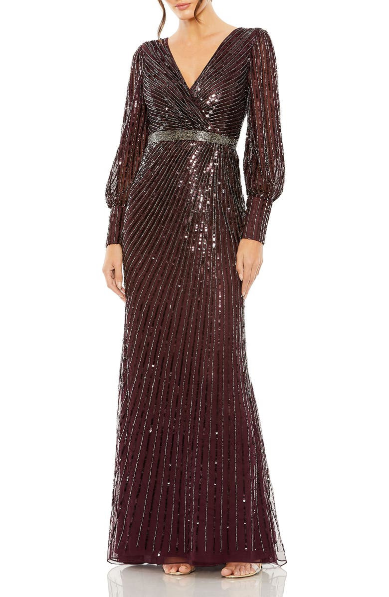 Mac Duggal Sequined Wrap Gown with Dramatic Bishop Sleeves, Main, color, Blackberry