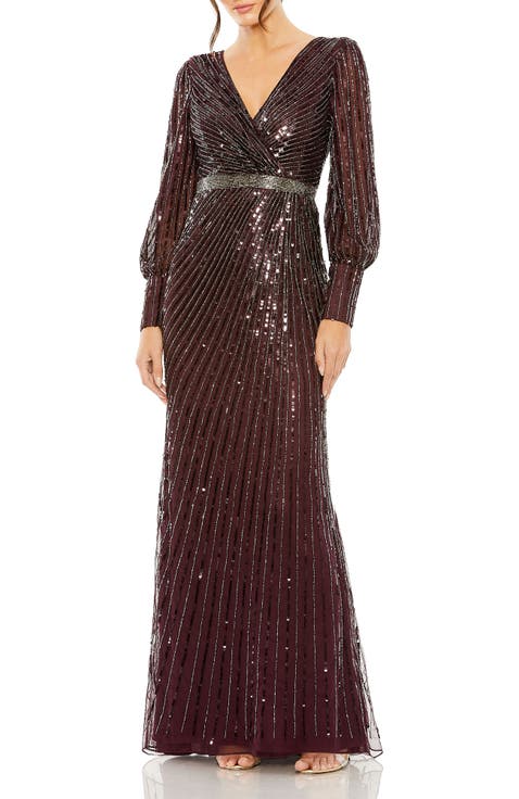 Sequined Wrap Gown with Dramatic Bishop Sleeves