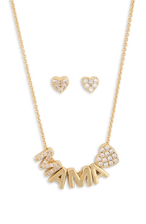 Demi-Fine Cubic Zirconia Heart Stud Earrings & Mama Pendant Necklace Set