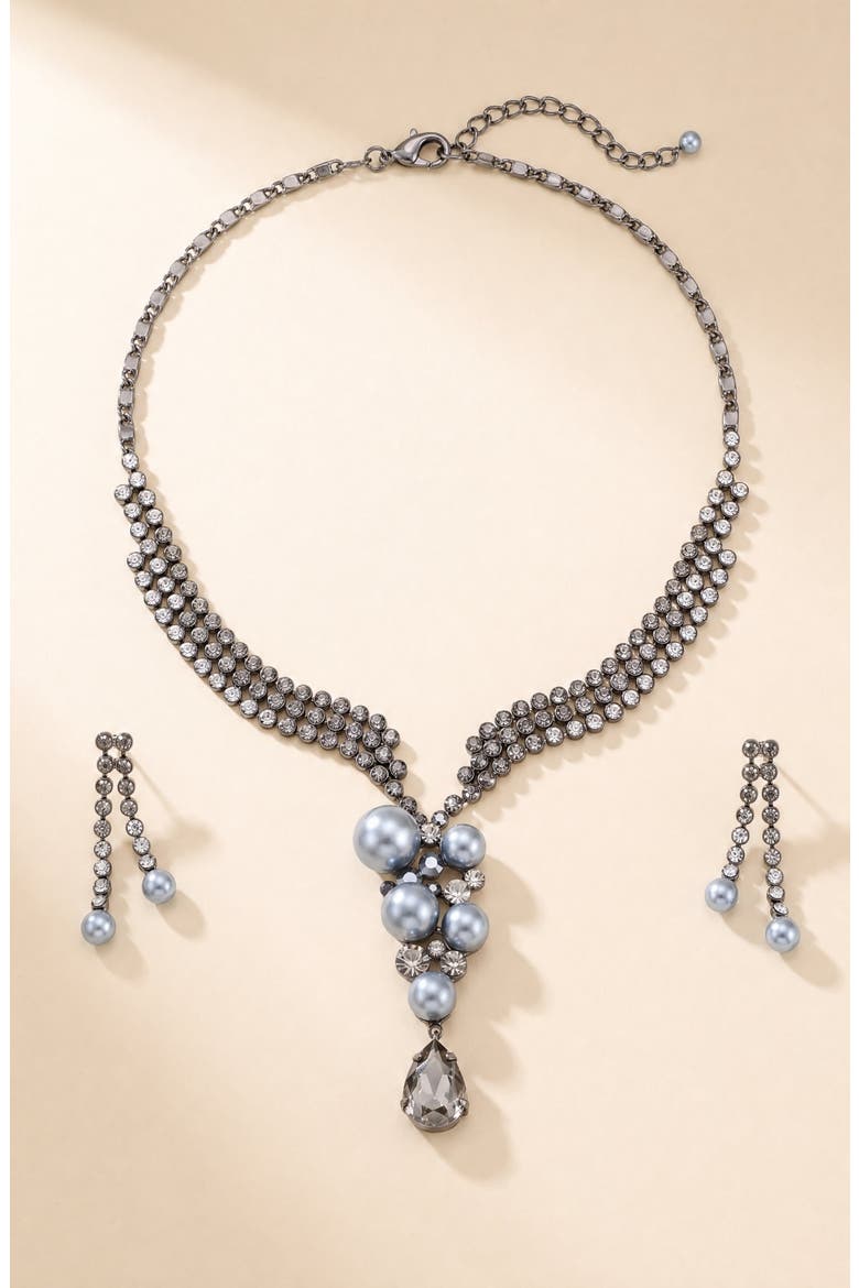 Pearl Crystal Trickling Necklace and Earring Set, Main, color, Gunmetal