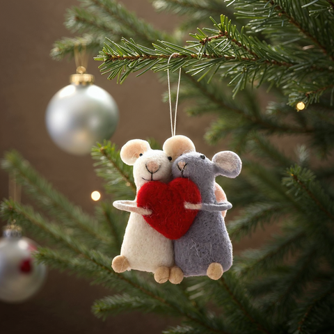 Wool Felt Mice Holding Heart Ornament