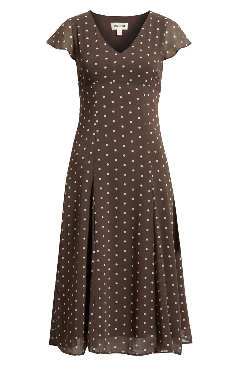 Open Edit Short Sleeve Godet Pleat Dress, Alternate, color, Brown- Ivory Corner Dot