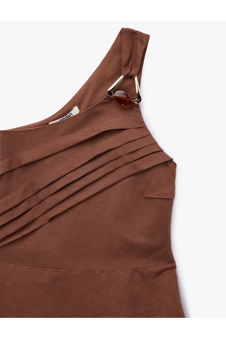 Linen Blend Asymmetric Pleated One-Shoulder Midi Dress, Alternate, color, BROWN