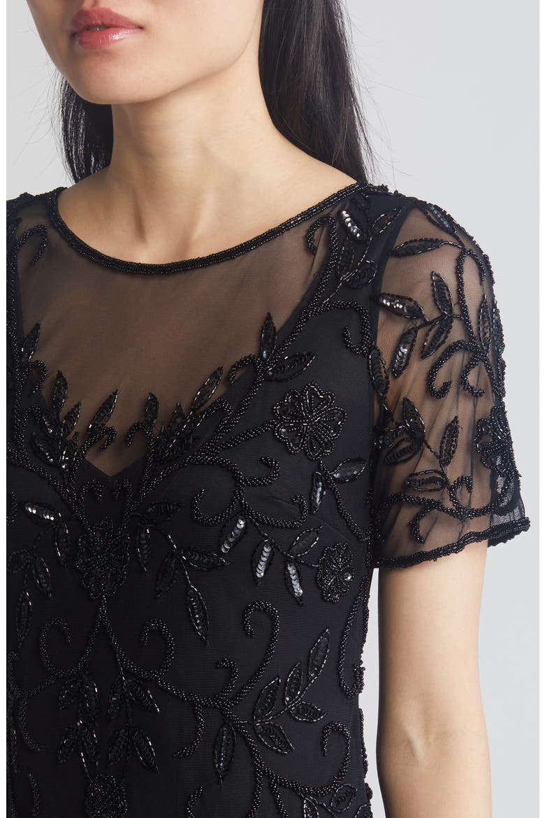 Floral Beaded Short Sleeve A-Line Gown, Alternate, color, BLACK