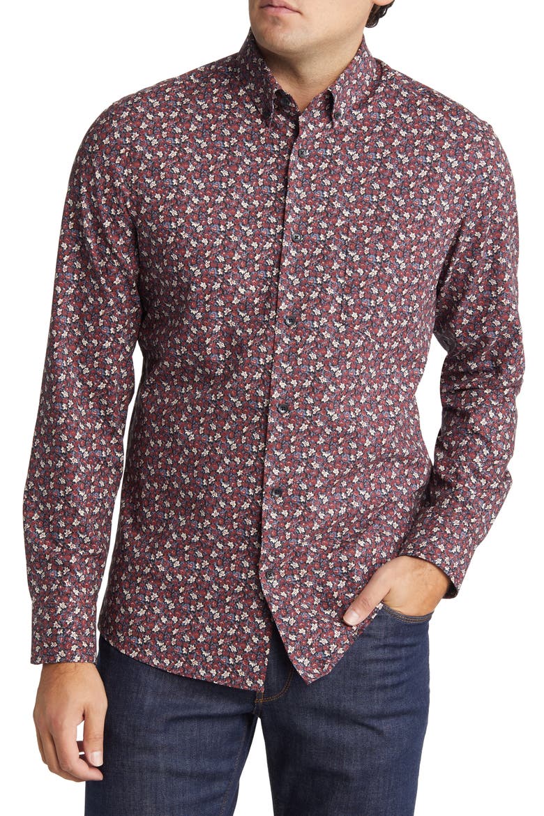 Tech-Smart Trim Fit CoolMax® Stretch Button-Down Shirt, Main, color, BLACK - BURG STAR FLORAL