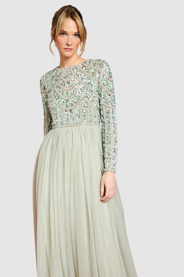 Sequin Bodice Tulle Skirt Maxi Dress, Alternate, color, Sage