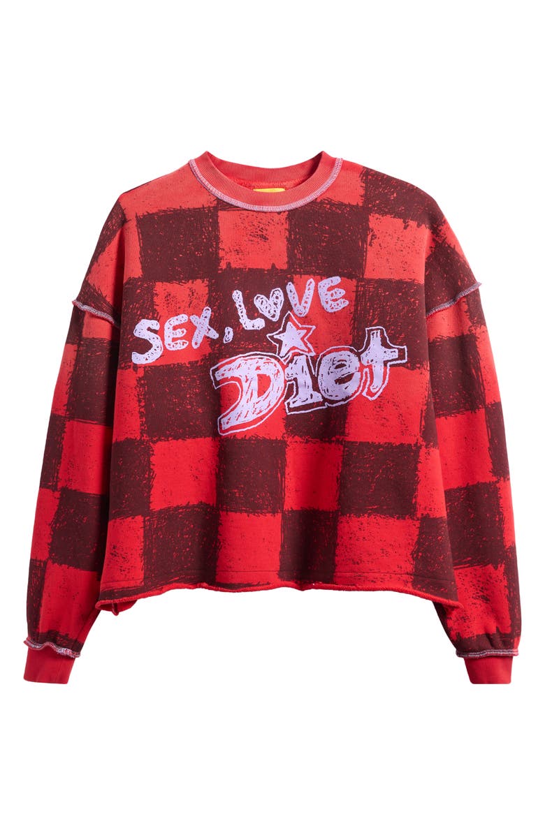DIET STARTS MONDAY Sex, Love & Diet Checkerboard Crop Crewneck Sweatshirt, Main, color, Checkered Red