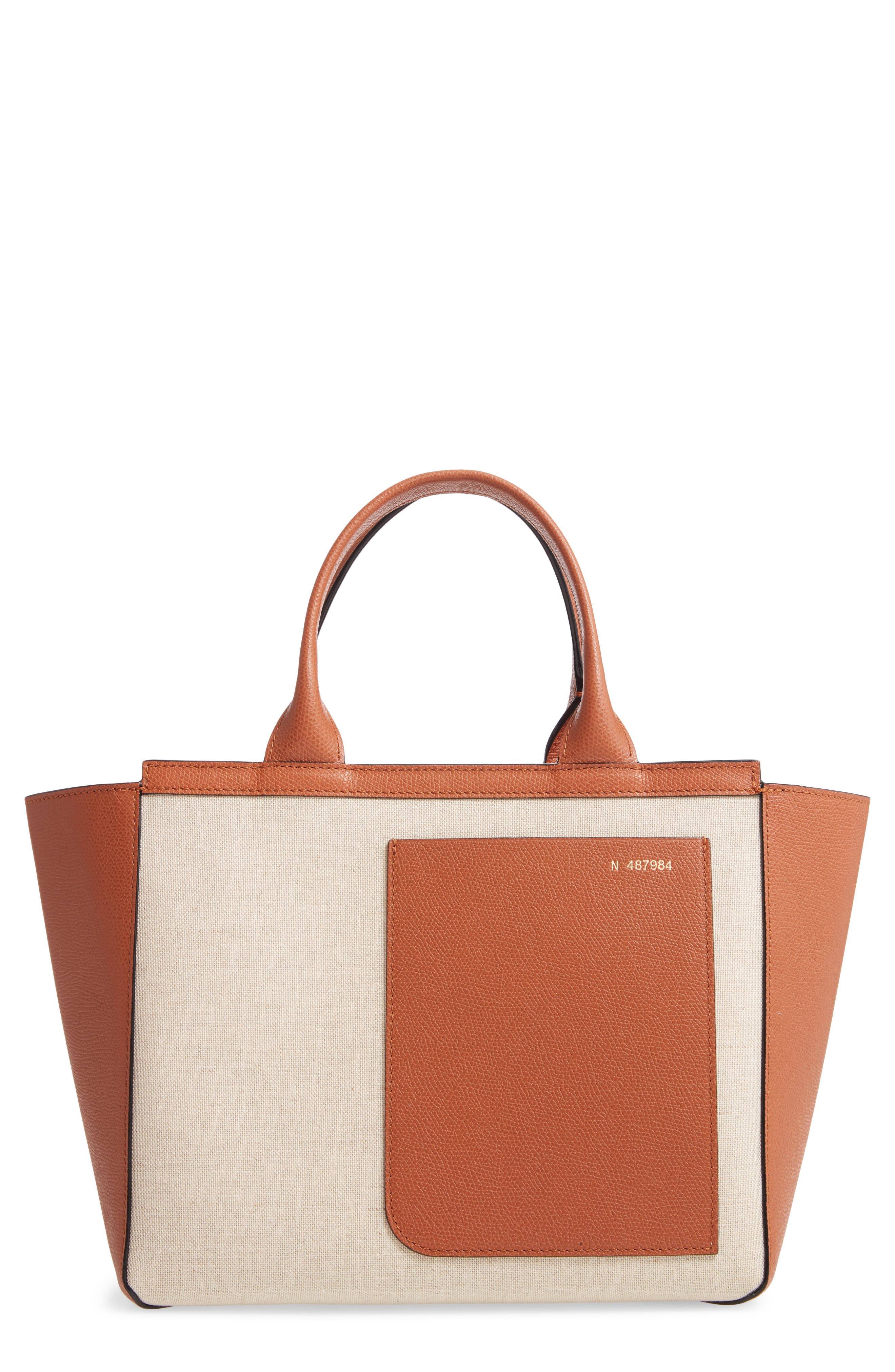 Valextra Mini Canvas & Leather Tote, Main, color, 