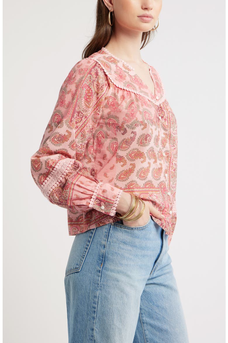 Lace Trim Button-Up Shirt, Alternate, color, PINK- OLIVE PATCHWORK PAISLEY