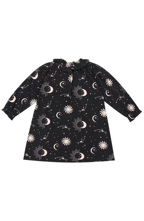 Turtledove London Kids Organic Cotton Celestial Print Ruffle Neck Dress In Black