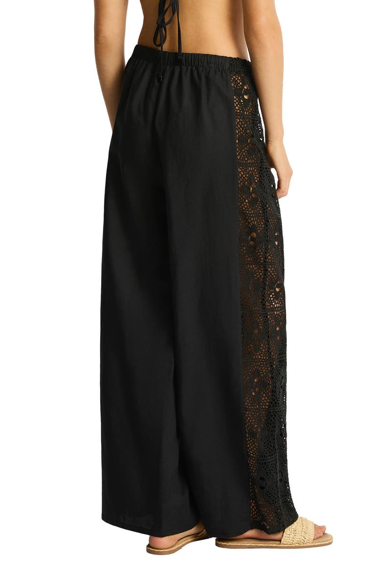 Lace Panel High Waist Wide Leg Beach Pants, Alternate, color, BLACK
