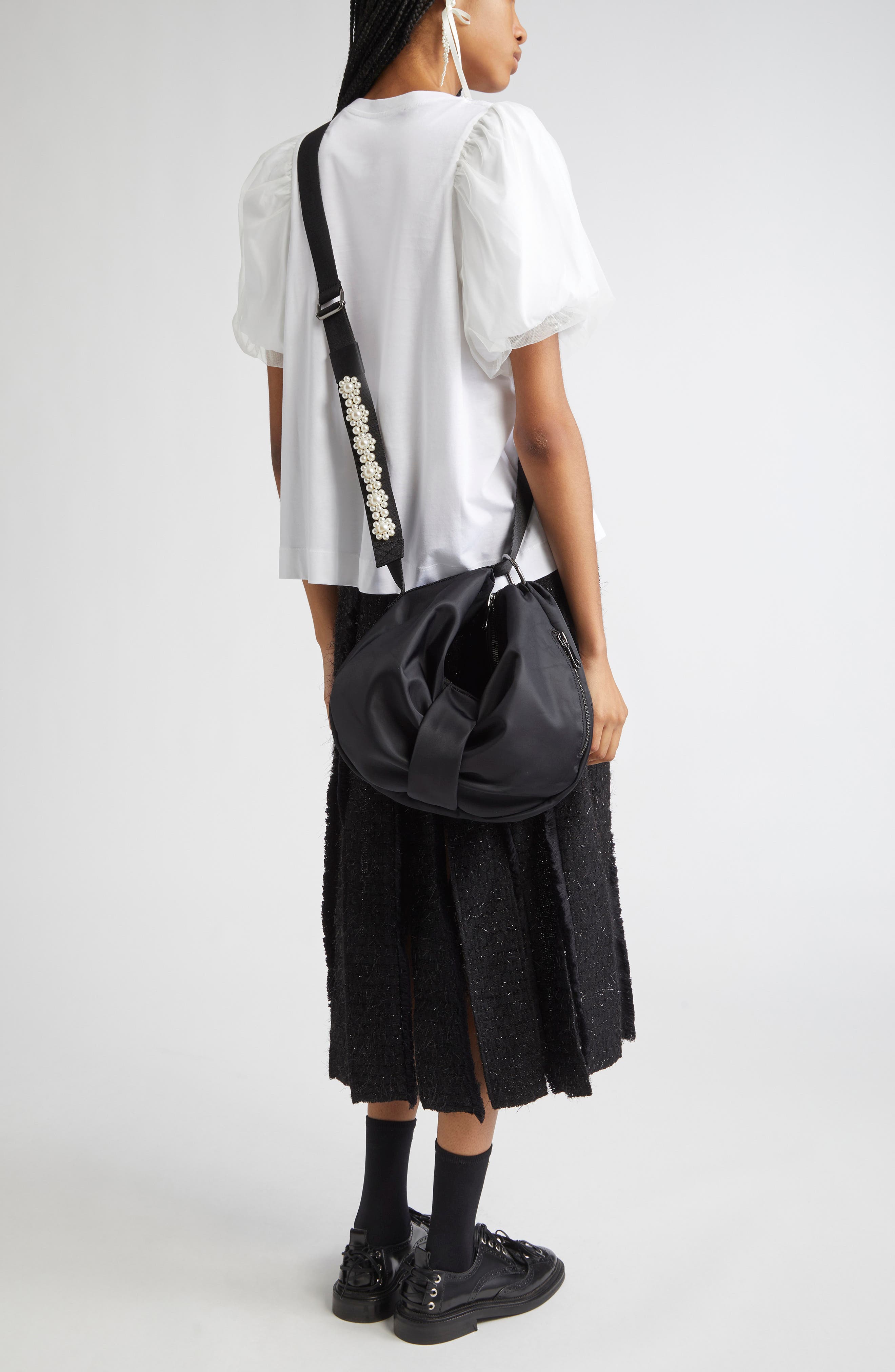 Simone Rocha Bow Sateen Sling Bag, Alternate, color, Black/ Pearl