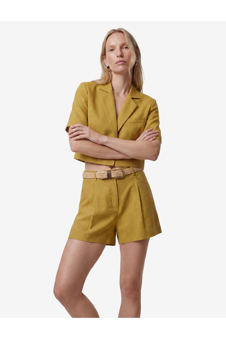 Linen Blend Short Sleeve Notched Collar Cropped Blazer, Alternate, color, KHAKI