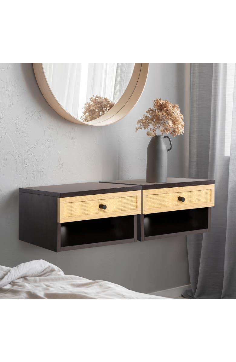 JONATHAN Y Celerie Mid-Century Modern Floating Wall Mounted Nightstand with Soft-Close Rattan Drawer and Cable Hole, Alternate, color, Black/Light Oak