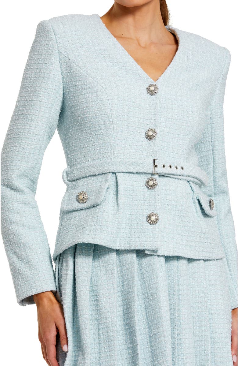 Mac Duggal Long Sleeve Bouclé Midi Dress with V-Neck and Decorative Buttons, Alternate, color, Powder Blue