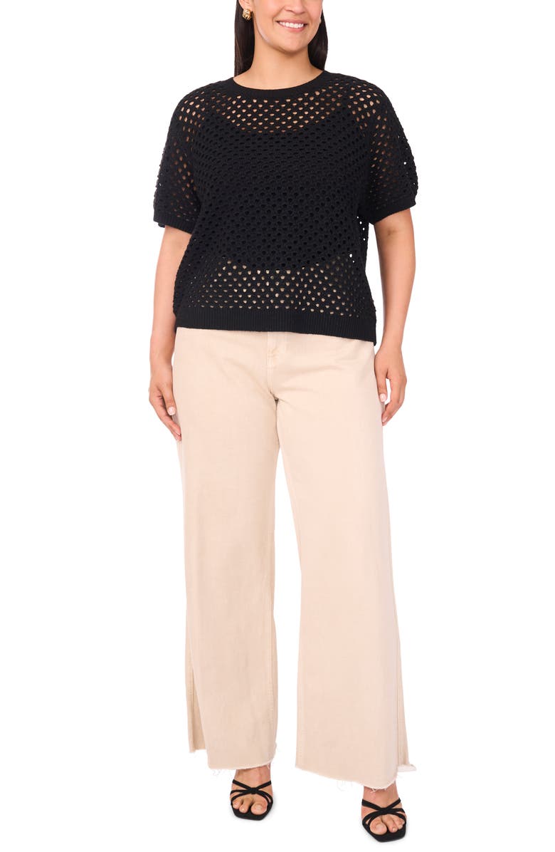 Vince Camuto Open Stitch Short Sleeve Sweater, Alternate, color, Rich Black