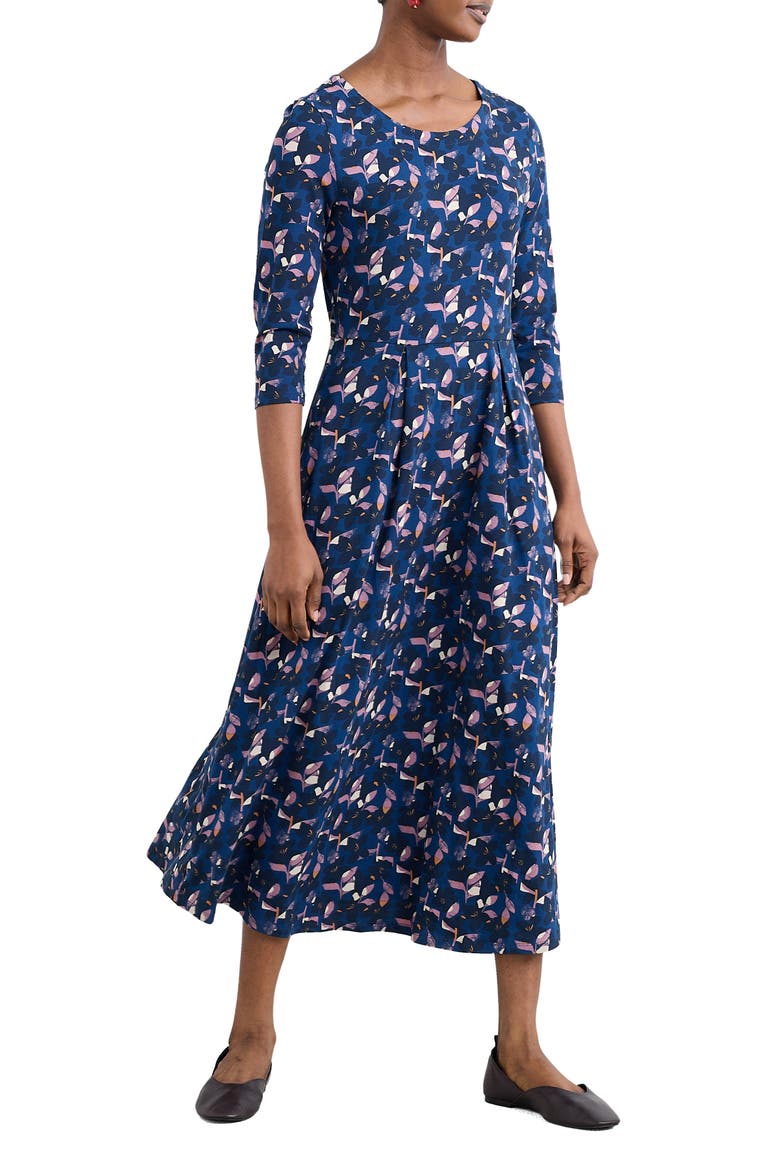 Veronica Print Stretch Organic Cotton Jersey Midi Dress, Main, color, MACRO FLOWER MARINE