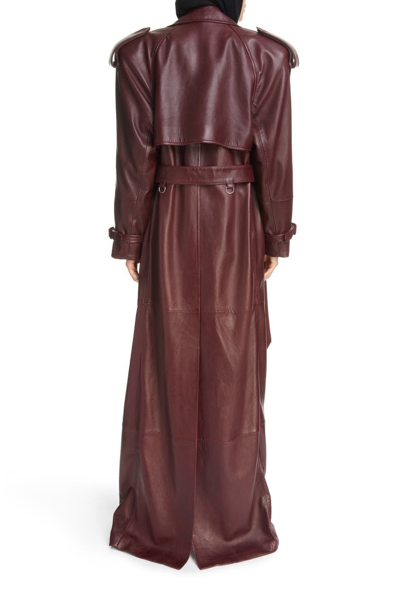 Classic Plunge Long Leather Trench Coat, Alternate, color, BORDEAUX